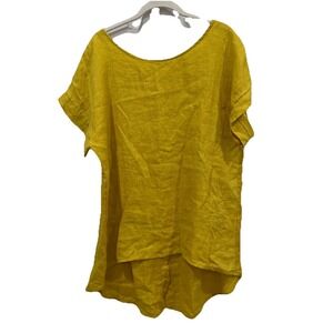 Terzo Millennio Top Women Medium Yellow 100% Linen Tunic Lagenlook Short Sleeve